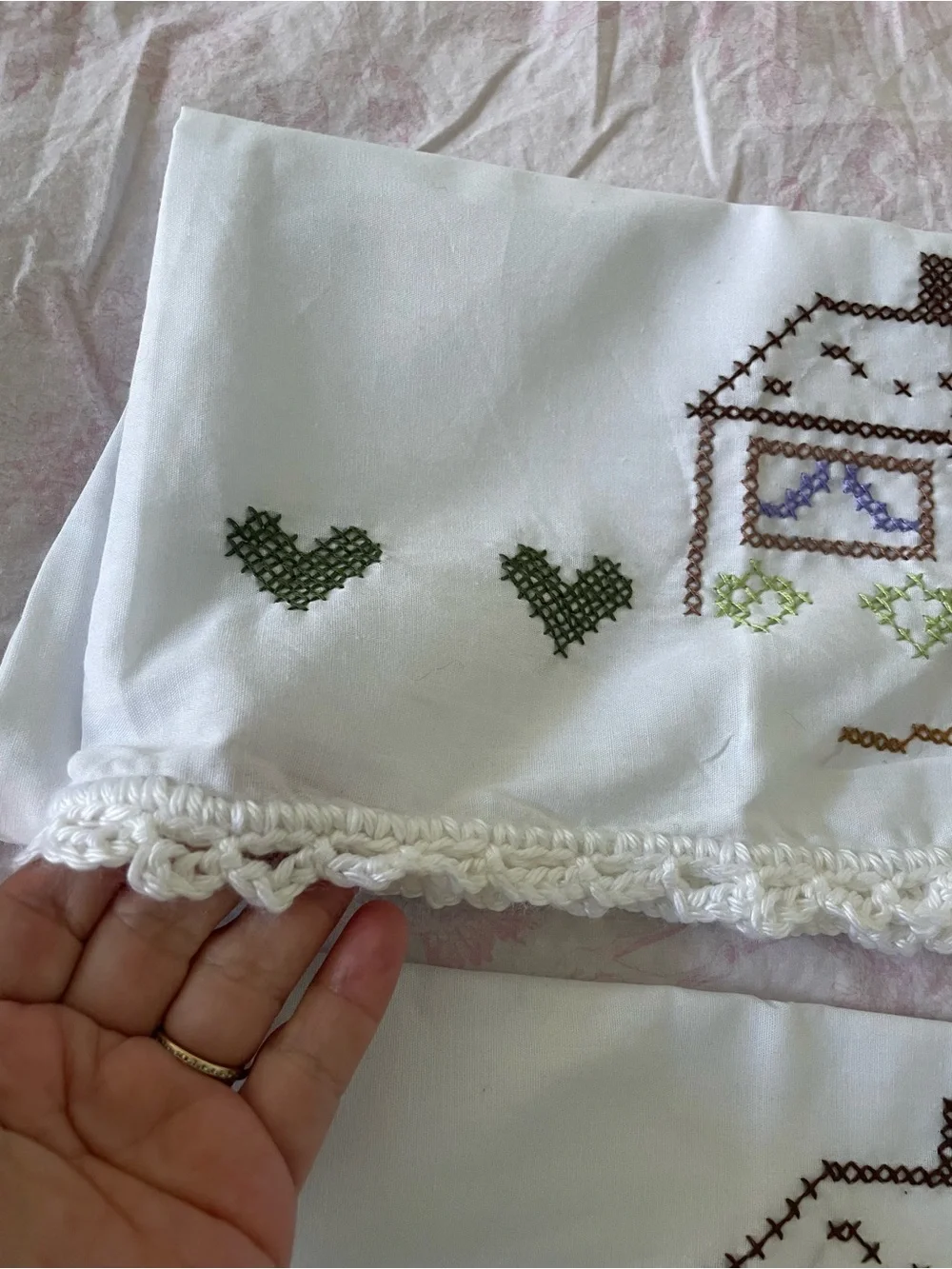Grannycore Hand Cross-stitched House pillowcase set with crocheted trim